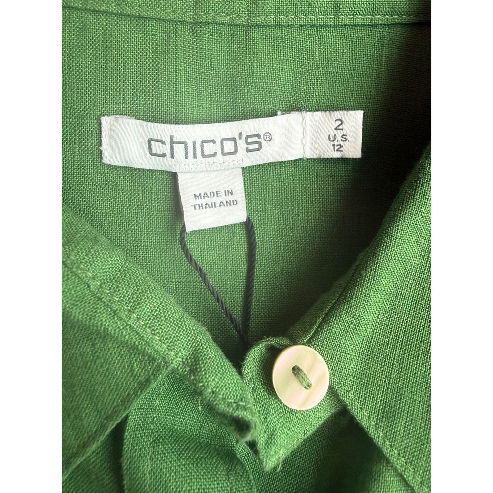 Chico's 100% Linen Button Down Shirt Green Size 2 US 12 Long Sleeve Top NWT - Picture 2 of 7